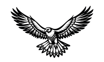 Obraz premium hawk flies with its wings spread, black silhouette on a white background