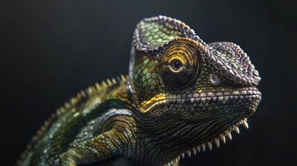 Hyper-realistic 4K image of a dark olive green chameleon with subtle color accents, showcasing its detailed texture and natural appearance.
