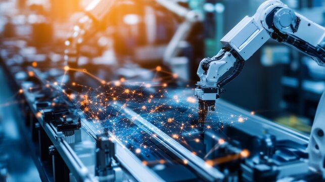 AI-powered industrial assembly lines, showcasing advanced automation technology, efficient production processes, streamlined workflows, and innovative machinery in action.