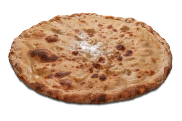 Focaccia from Recco, Liguria, Italy. Flat bread made with flour and olive oil filled with Soft Cheese on wooden cutting boardboard isolated