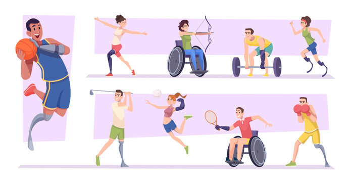 Disabled fitness. Athletes characters with protesis legs and hands exact vector illustrations in cartoon style