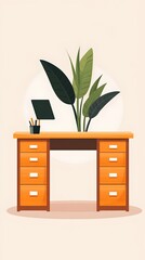 Wooden Desk with Drawers  Plant and Laptop