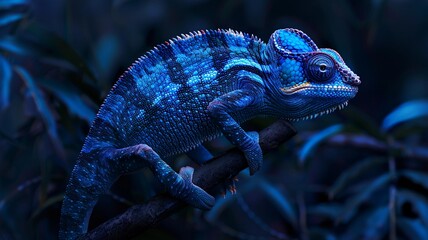 A hyper-realistic 4K HD image of a dark cobalt blue chameleon with soft lighting highlighting its texture and intricate details.
