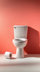 Toilet bowl with toilet paper roll on minimalist color background