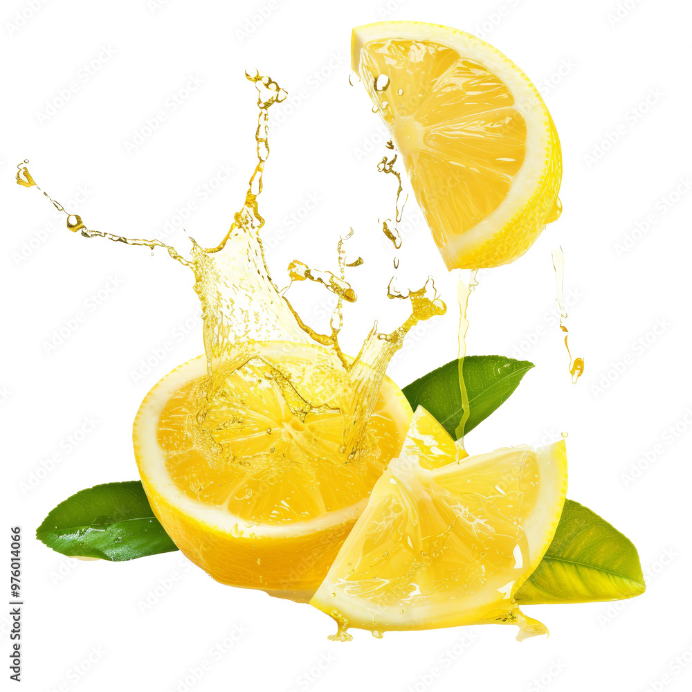 Poster fresh lemon slices splashing in water surrounded by green leaves on a bright background capturing re