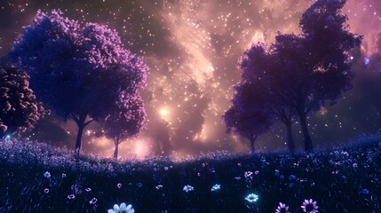 Celestial Garden Abloom with Starlight Flowers and Meteor Trees under Infinite Starry Sky