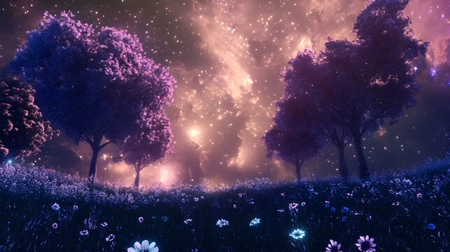 Celestial Garden Abloom with Starlight Flowers and Meteor Trees under Infinite Starry Sky