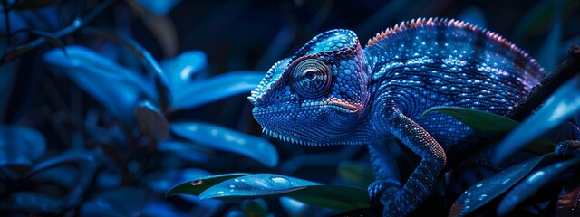 A hyper-realistic 4K HD image of a dark cobalt blue chameleon with soft lighting highlighting its texture and intricate details.
