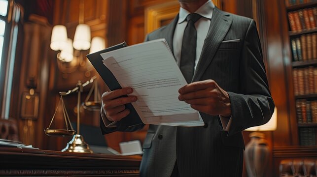 Lawyer reviewing legal documents in a courtroom setting