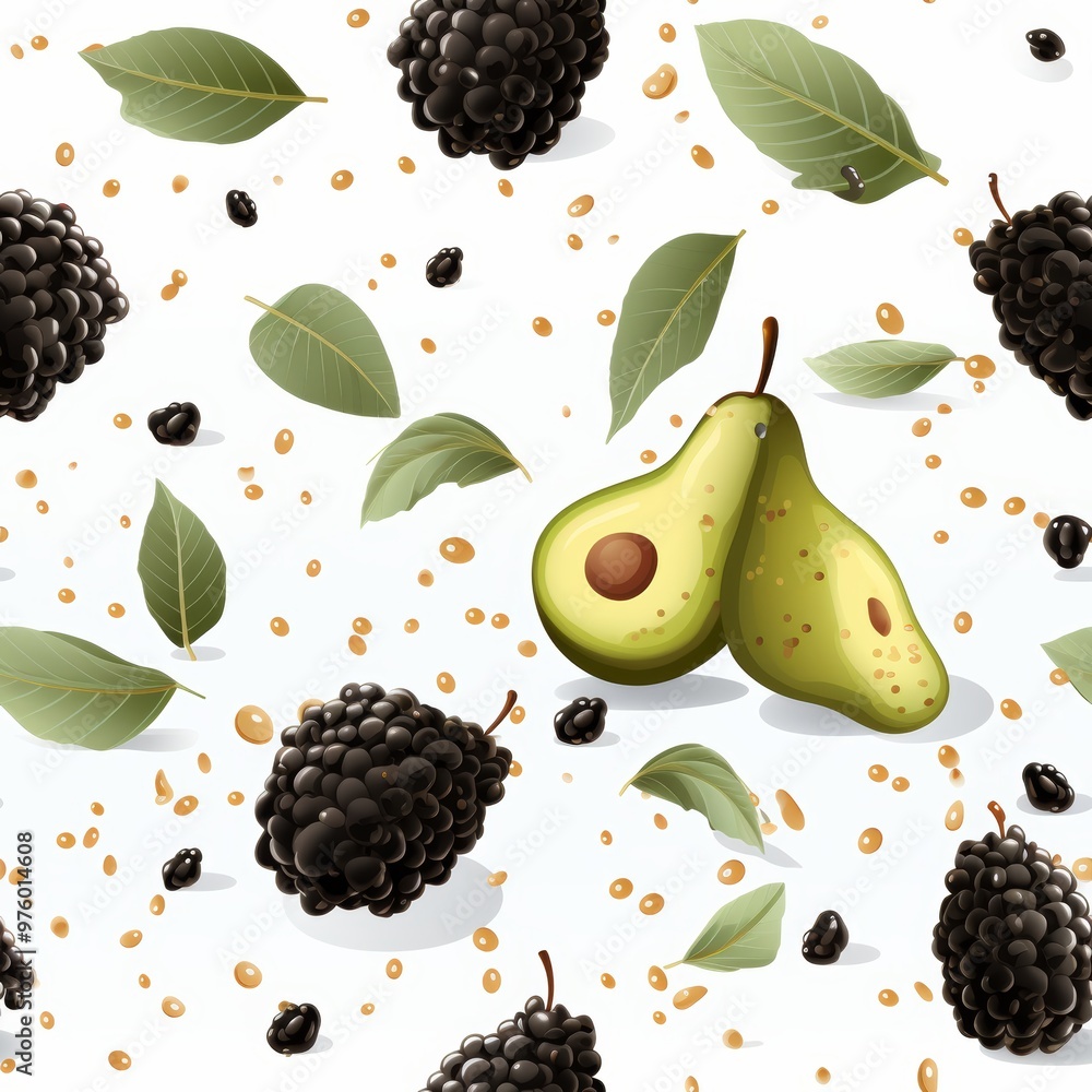 Poster seamless vector pattern of avocados on a white background for modern design projects