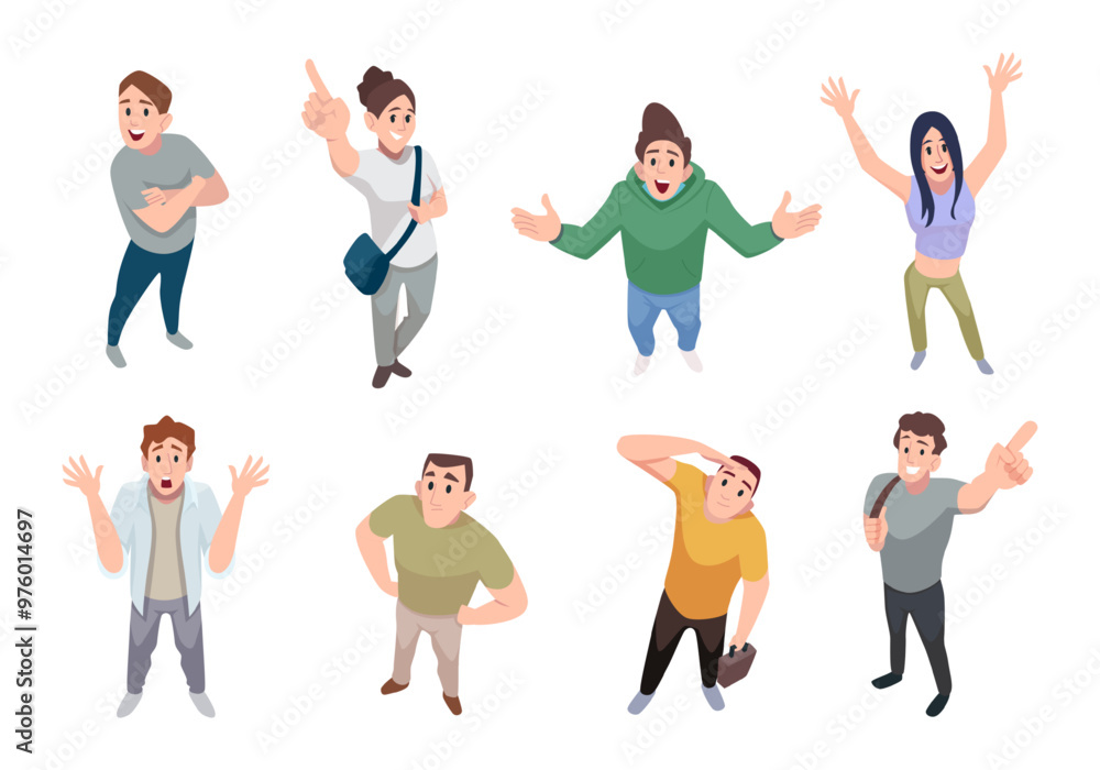 Poster people top view. characters watching and top pointing exact vector active happy persons with differe