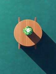 Top View Round Wooden Table with Green Plant and Flower