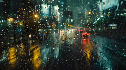 Rain-Streaked Window with City Lights Blurred in the Background.