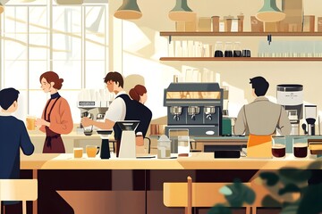 Lively Coffee Shop With Bustling Ambiance and Busy Baristas