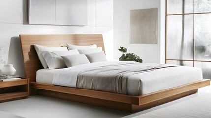 Modern Wooden Platform Bed with White Bedding and Plant in Minimalist Bedroom