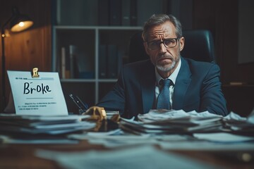 A bankrupt businessman stressed and worried looking at bills at his desk.