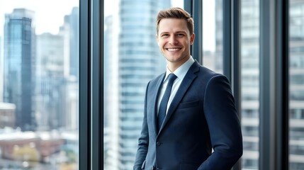 Fototapeta premium Confident Business Executive in Modern Office Setting with City Skyline