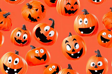 Seamless repeating pattern of various cartoonish jack-o'-lantern pumpkins with expressive faces on an orange background, perfect for Halloween-themed designs.