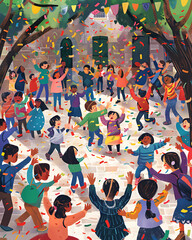 Joyful Students Embracing Cultural Diversity at Vibrant International Festival on Campus - Children's Book Illustrations