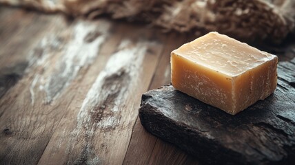 A chunky bar of natural soap with rugged edges rests on a wooden surface, highlighting its organic appeal.