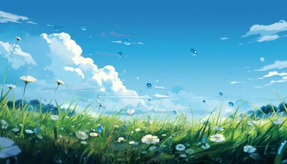 Obraz premium A gentle illustration of a morning dew on grass under a pale blue sky