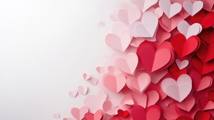 Obraz premium Romantic red and pink paper heart cutouts in various sizes on a soft white background.