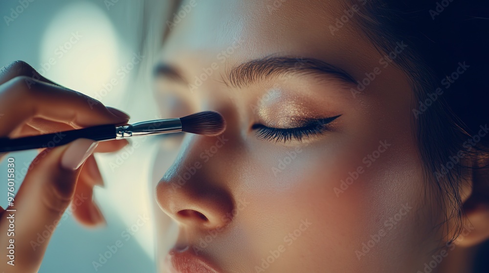 Poster woman applying eye shadow 