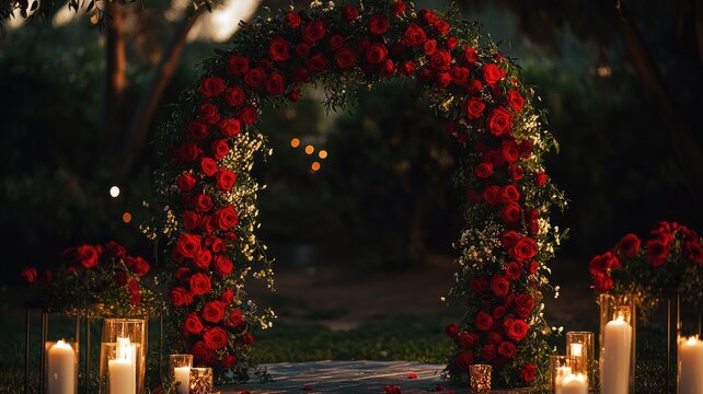  A romantic arch adorned with red roses and surrounded by candlelight, perfect for a wedding or special event.