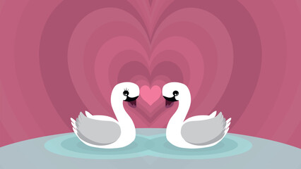 Two white swans in love float on background of hearts, concept of devoted love, romantic background of pink hearts with elegant birds in love