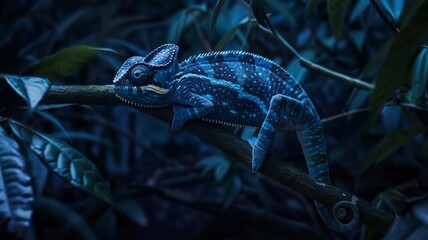 A hyper-realistic 4K HD image of a dark cobalt blue chameleon with soft lighting highlighting its texture and intricate details.
