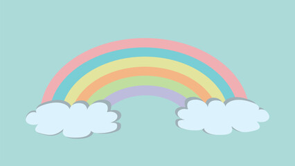 Bright rainbow with clouds in flat style, vector colorful rainbow icon with white clouds is isolated on the background