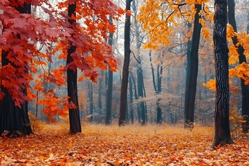 Vibrant Autumnal Forest Landscape with Colorful Foliage and Fallen Leaves