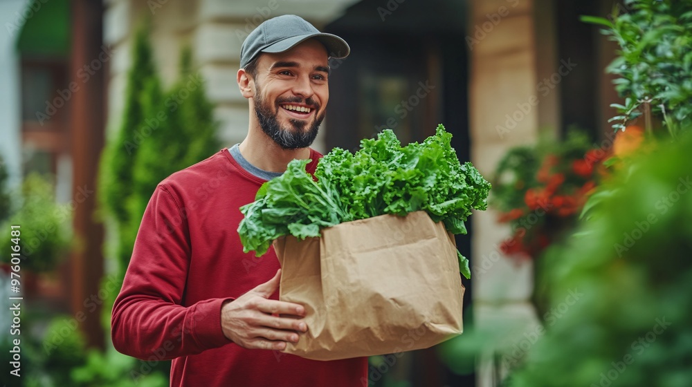 Poster A delivery worker handing over a sealed bag of fresh produce to a smiling customer at the entrance of their house. The image emphasizes safe and friendly interaction during delivery. Large space for