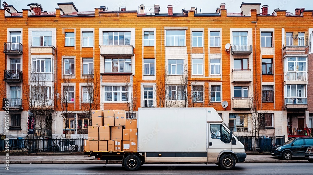 Poster A delivery van parked in front of a row of apartment buildings, with the driver unloading large boxes of groceries from the back of the truck. The city skyline is visible in the background. Large