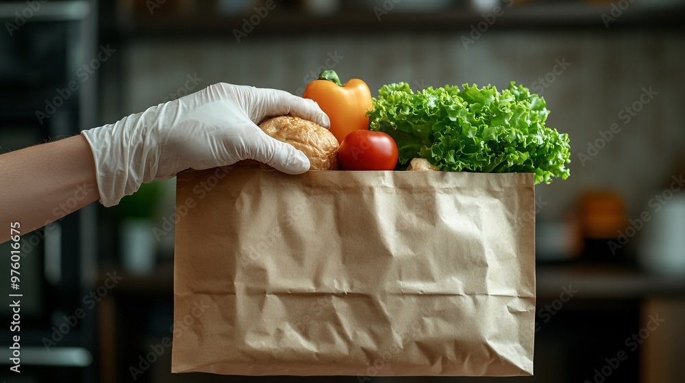 Poster a close-up shot of a gloved hand handing over a paper bag filled with freshly prepared food. the ima