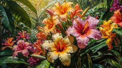 Vibrant tropical flowers blooming in a lush green background with sunlight