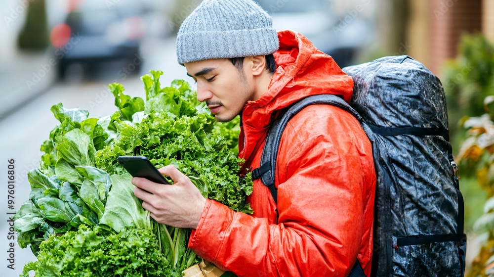 Poster a delivery person checking their phone for directions while carrying a large backpack filled with fo