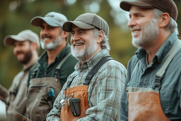 Fototapeta premium A group of mature male friends wearing waders stand outside and cheerfully chat after spending the day fly fishing together