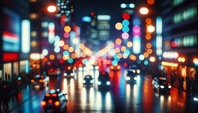 "A vibrant city street at night, with a stunning bokeh effect of blurred lights from vehicles and street lamps. The colorful and dynamic urban atmosphere is beautifully captured, highlighting the hust