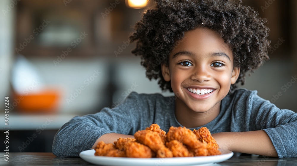 Aufkleber a smiling child sitting at a kitchen table with a plate of crispy fried chicken in front of them, re