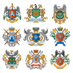 Heraldic badges. Collection of business identity set in luxury style old style weapons and armors ribbons and animals recent vector template