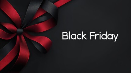 Black Friday sale announcement featuring a red ribbon and text on a black background. End of year fashion sales, fall special offer. Promotion and advertising
