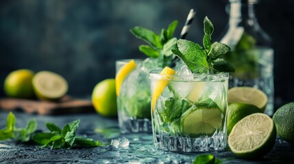 Fototapeta premium Fresh and refreshing cocktails based on gin, a distinctive herbal flavor, bar 