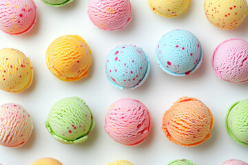 Ice cream scoops on a white background, top view, flat lay, pattern, colorful.