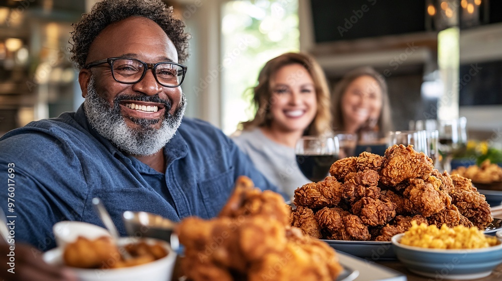 Poster a family of four enjoying a meal of fried chicken at the dinner table, laughing and sharing food. th