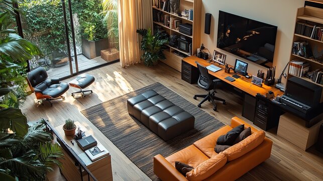 23. View from above of a spacious home office with a large desk, comfortable seating, and a variety of tech gadgets neatly arranged, creating an organized workspace