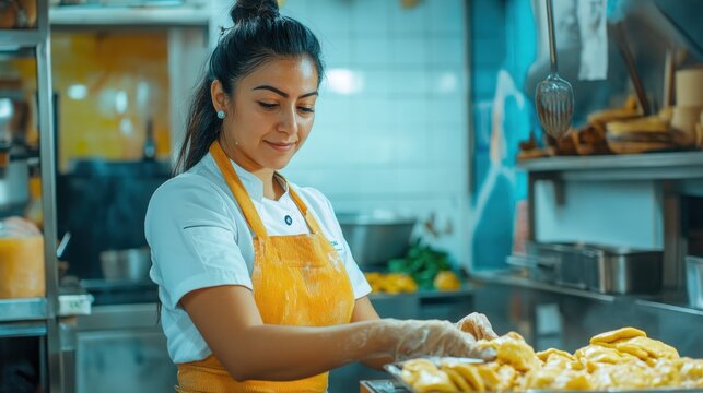 Latina woman employed by a small food business specializing in empanadas, dressed in a uniform, is in the kitchen of the business preparing the implements she uses for the day's production