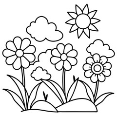 Adobe Illustrator ArtStunning Vector of Beautiful Flowers in a Flower Bed with Clouds and Sunwork