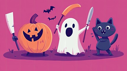 A jack-o-lantern, ghost, and black cat in Halloween costumes with weapons stand on pink background.