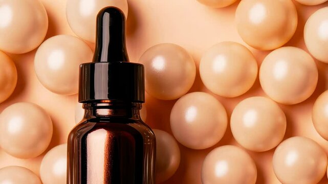 A dark amber dropper bottle stands out against a soft pastel background, surrounded by creamy beige capsules, conveying themes of skincare, wellness, and luxury.